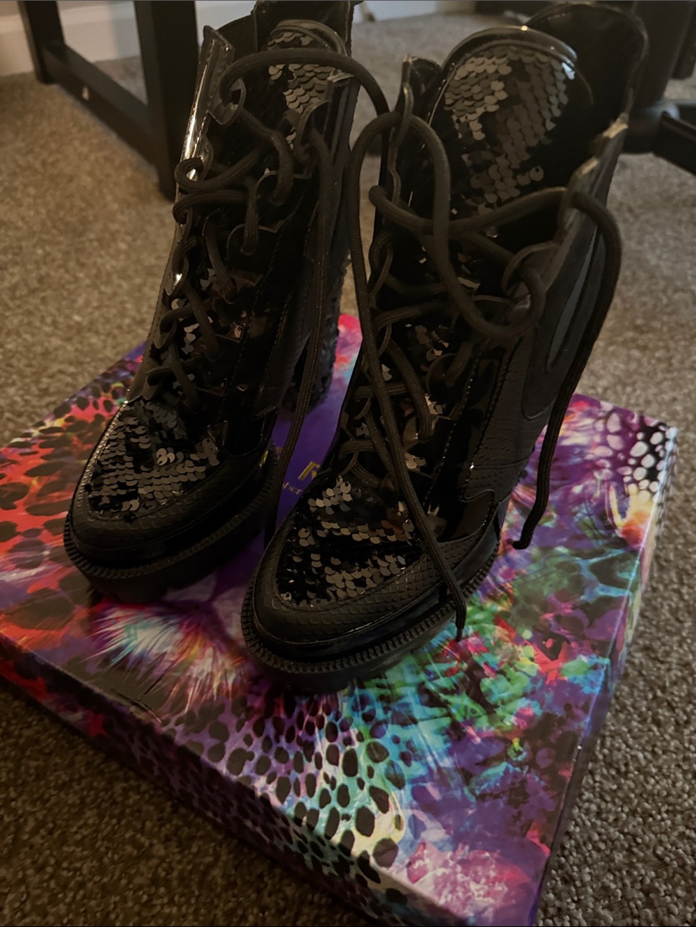 Irregular Choice Black Sequin Lace-Up Boots